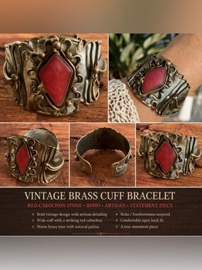Vintage Brass Cuff Bracelet Red Stone Wide Boho Artisan Statement Southwestern